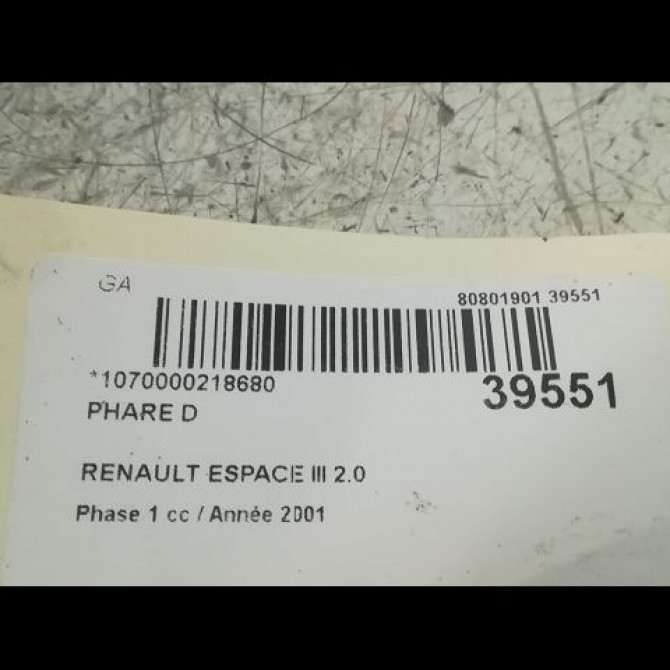 Phare droit occasion RENAULT ESPACE III Phase 1 12-1996->09-2002 2.0 3