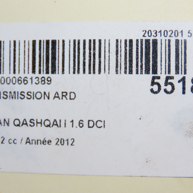 Transmission arrière droite occasion NISSAN QASHQAI I Phase 2 03-2010->04-2014 1.6 DCI 130ch 39600JD60B 6