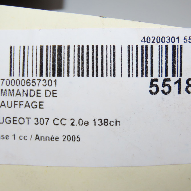 Commande de chauffage occasion PEUGEOT 307 CC Phase 1 03-2003->06-2005 2.0e 138ch 6451ZQ 7