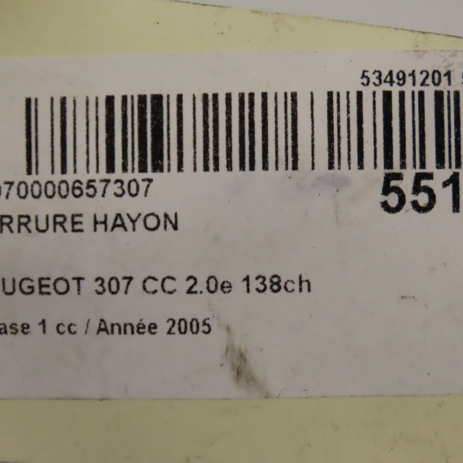 Serrure hayon occasion PEUGEOT 307 CC Phase 1 03-2003->06-2005 2.0e 138ch 8726R2 5