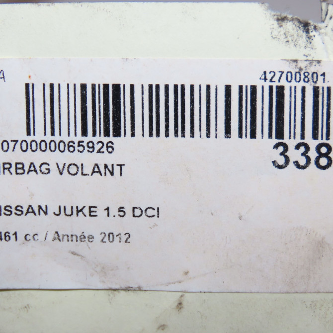 Airbag volant occasion NISSAN JUKE Phase 1 09-2010->... 1.5 DCI 110ch K85101KA3A 7