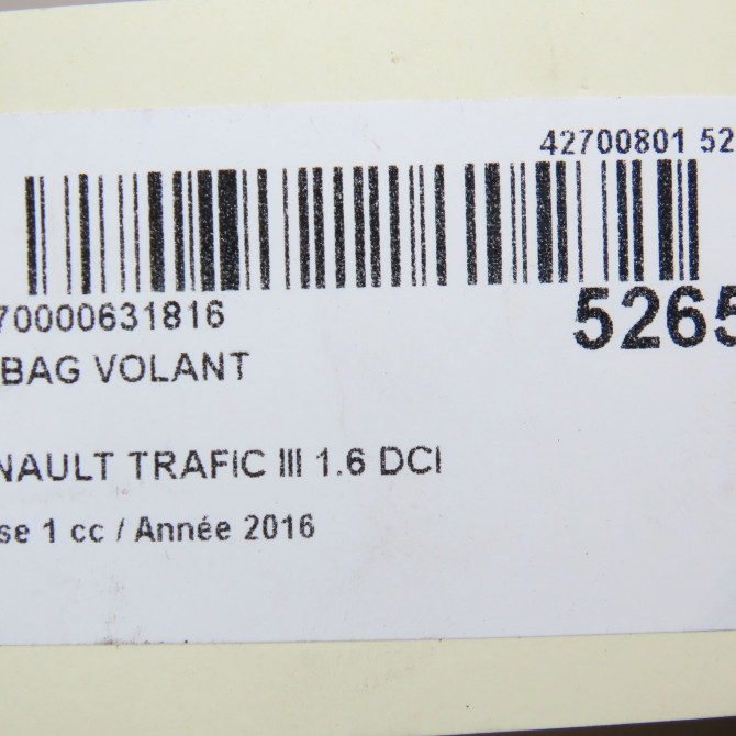 Airbag volant occasion RENAULT TRAFIC III Phase 1 06-2014->... 1.6 DCI 145ch 985700198R 7