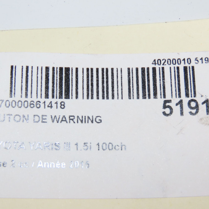 Bouton de warning occasion TOYOTA YARIS III Phase 2 06-2014->... 1.5i 100ch hybride 5