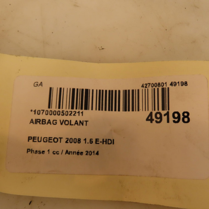 Airbag volant occasion PEUGEOT 2008 Phase 1 01-2013->... 1.6 E-HDI 92ch 98072114ZD 3
