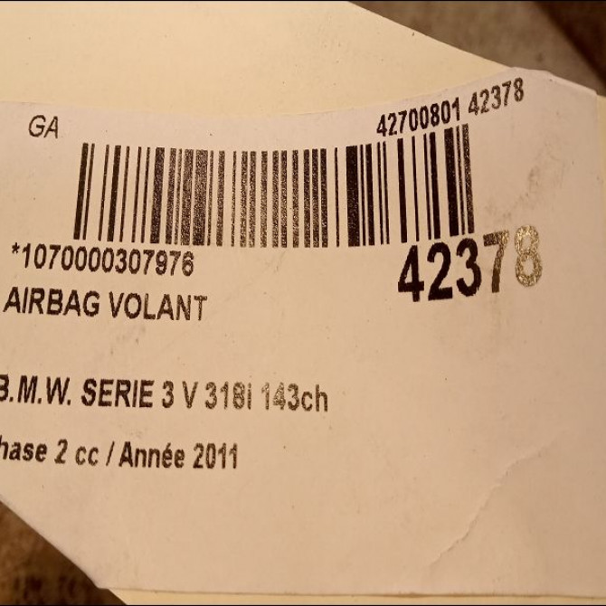 Airbag volant occasion B.M.W. SERIE 3 V Phase 2 09-2008->12-2011 318i 143ch 32306779829 2
