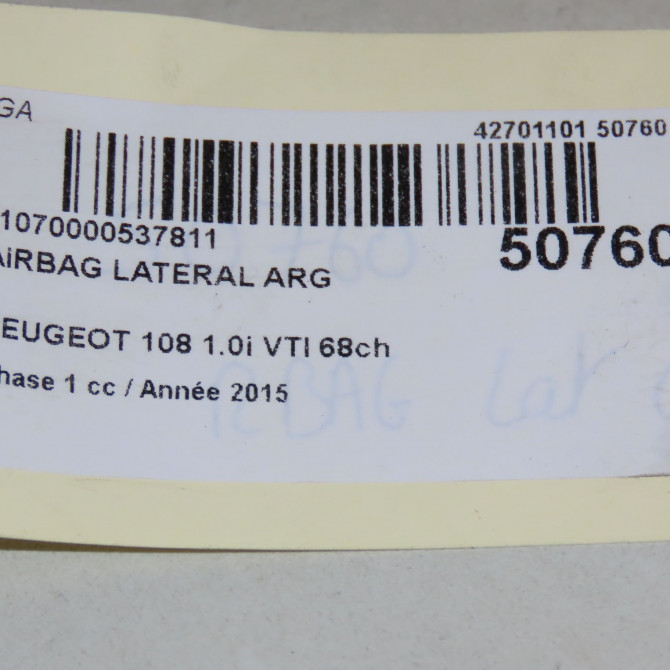 Airbag lateral arg occasion PEUGEOT 108 Phase 1 06-2014->... 1.0i VTI 68ch 6