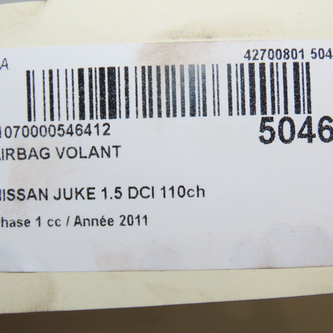 Airbag volant occasion NISSAN JUKE Phase 1 09-2010->... 1.5 DCI 110ch K85101KA5A 5