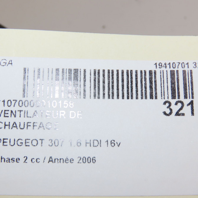 Ventilateur de chauffage occasion PEUGEOT 307 Phase 2 06-2005->03-2008 1.6 HDI 16v 110ch 6441S6 7
