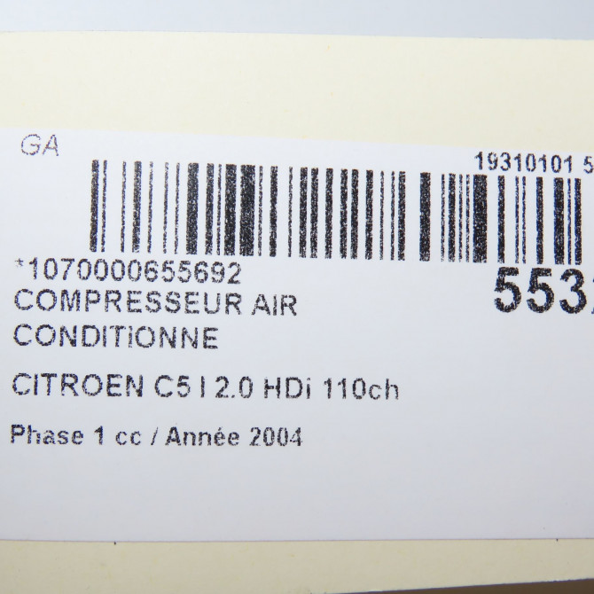 Compresseur air conditionne occasion CITROEN C5 I Phase 1 03-2001->09-2004 2.0 HDi 110ch 9800859180 8
