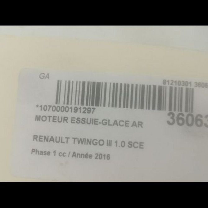 Moteur essuie-glace arrière occasion RENAULT TWINGO III Phase 1 06-2014->... 1.0 SCE 12v 70ch 287108228R 3