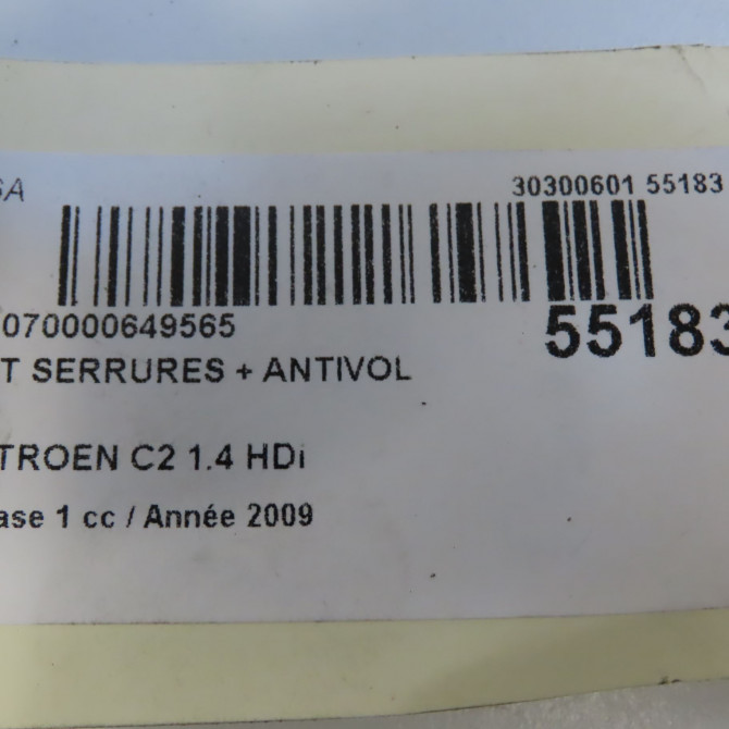 Kit serrures + antivol occasion CITROEN C2 Phase 1 09-2003->10-2008 1.4 HDi 4162FQ 5