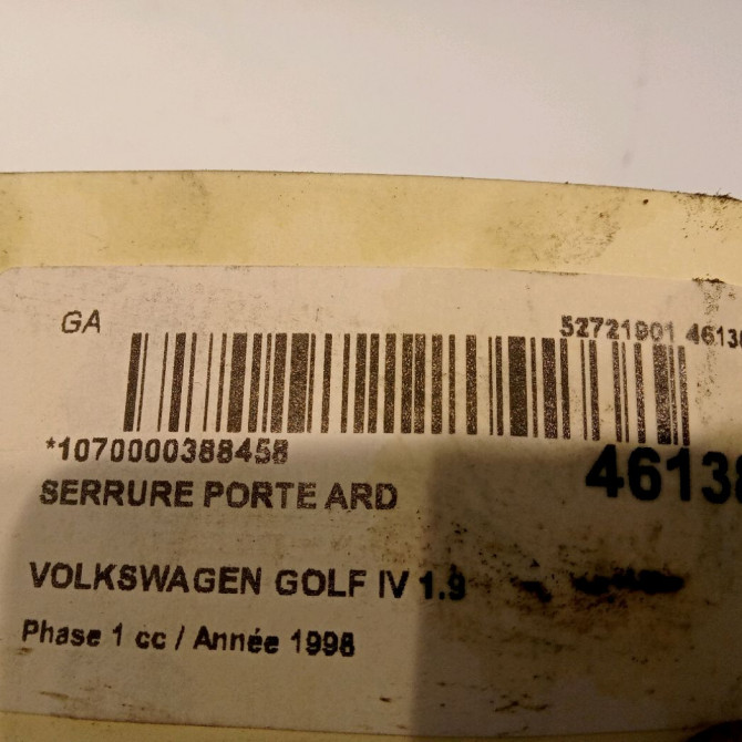 Serrure porte ard occasion VOLKSWAGEN GOLF IV GOLF IV Phase 1 1998-01-01->2005-06-30 1.9 TDI 90ch 3B4839016A 4