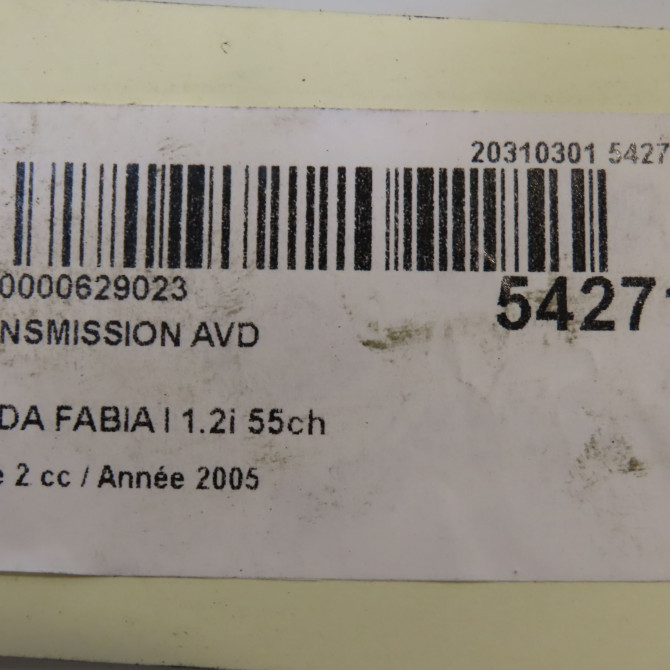 Transmission avant droite occasion SKODA FABIA I Phase 2 09-2004->05-2007 1.2i 55ch 6Q0407272BD 6