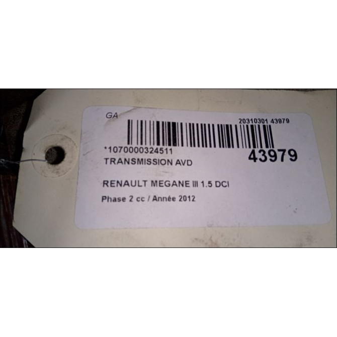 Transmission avant droite occasion RENAULT MEGANE III Phase 2 01-2012->06-2014 1.5 DCI 110ch 391006777R 2