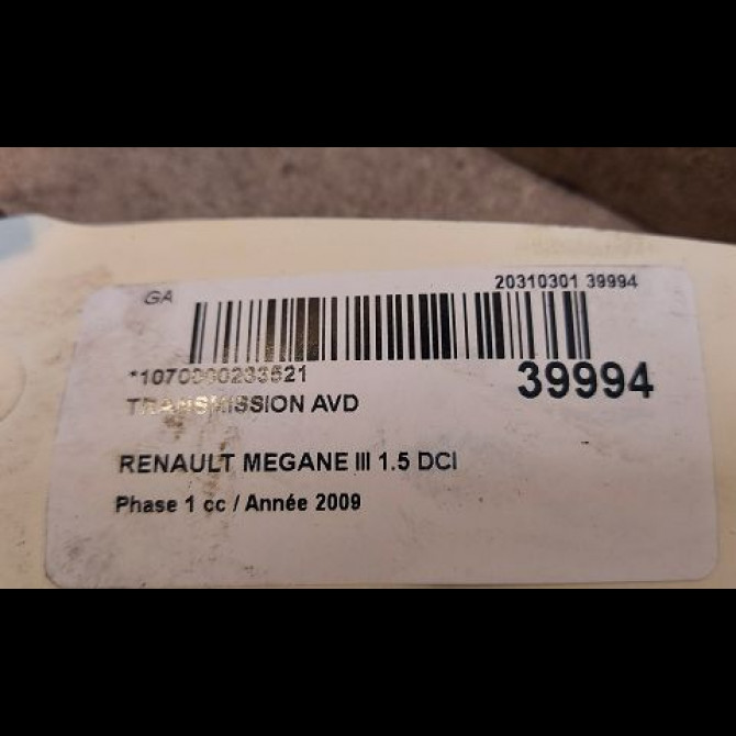 Transmission avant droite occasion RENAULT MEGANE III Phase 1 11-2008->01-2012 1.5 DCI 105ch 391006777R 5