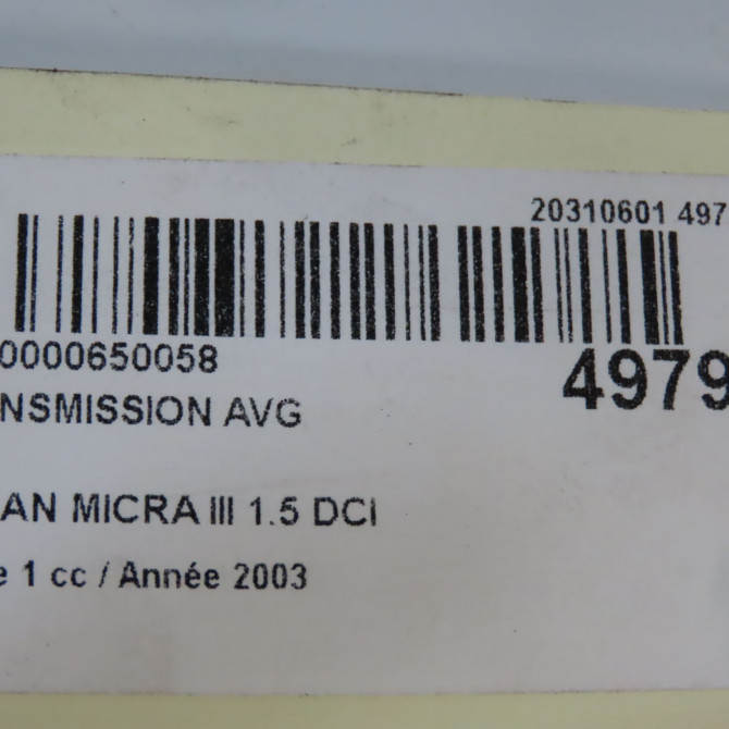 Transmission avant gauche occasion NISSAN MICRA III Phase 1 01-2003->07-2005 1.5 DCI 82ch 39101AY600 6