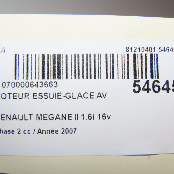 Moteur essuie-glace avant occasion RENAULT MEGANE II Phase 2 01-2006->06-2009 1.6i 16v 110ch 7701054828 7