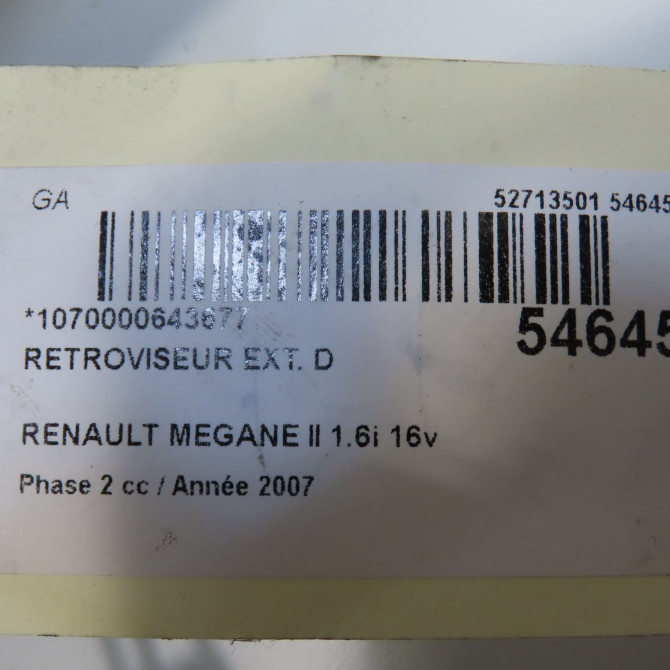 Retroviseur exterieur manuel droit occasion RENAULT MEGANE II Phase 2 01-2006->06-2009 1.6i 16v 110ch 7701054686 5