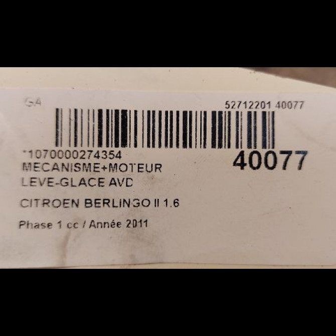 Mecanisme + moteur lève-glace avant droit occasion CITROEN BERLINGO II Phase 1 05-2008->01-2012 1.6 HDi 8v 90ch 9802389180 3