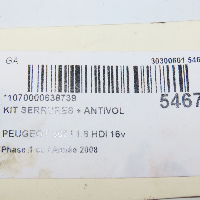 Kit serrures + antivol occasion PEUGEOT 308 I Phase 1 09-2007->03-2011 1.6 HDI 16v 90ch 4162KZ 6