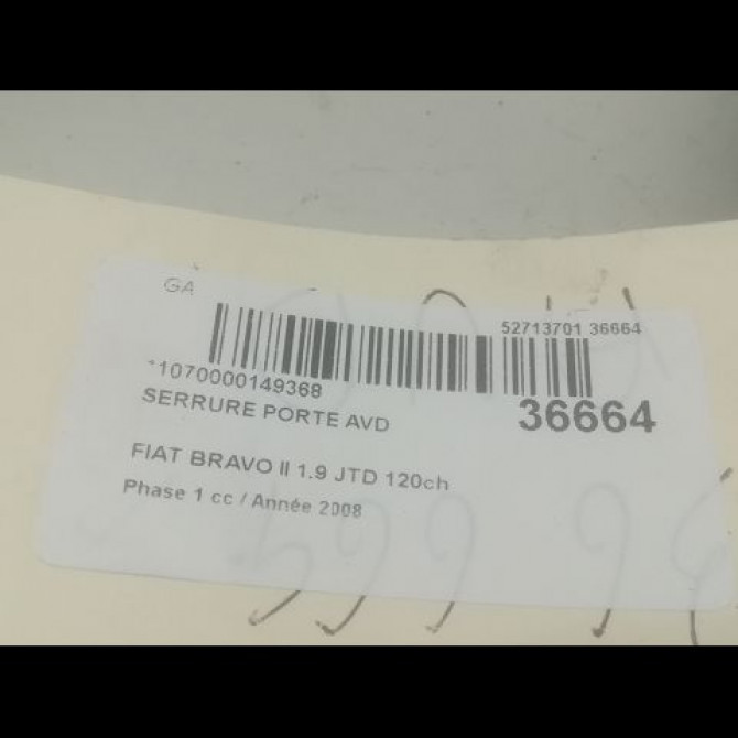 Serrure porte avd occasion FIAT BRAVO II BRAVO II Phase 1 2007-03-01->2011-12-31 1.9 JTD 120ch 51931417 3