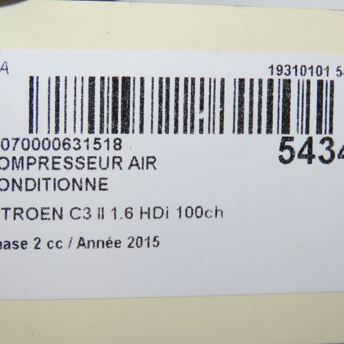 Compresseur air conditionne occasion CITROEN C3 II Phase 2 03-2013->12-2016 1.6 HDi 100ch 9815198580 8