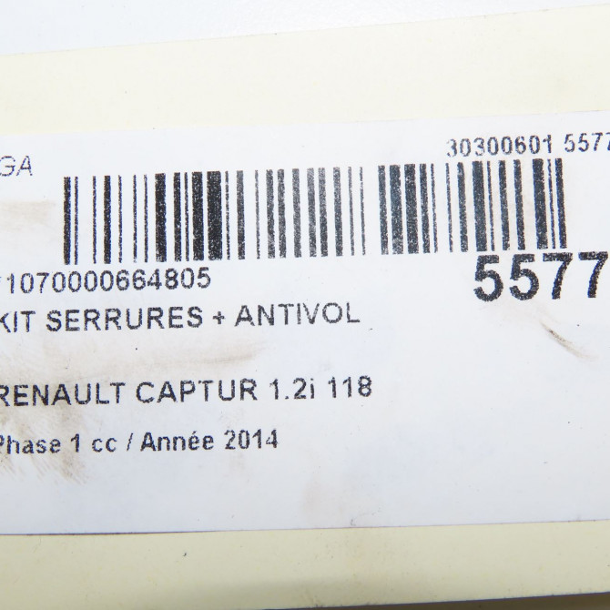 Kit serrures + antivol occasion RENAULT CAPTUR Phase 1 02-2013->... 1.2i 118 16V 5