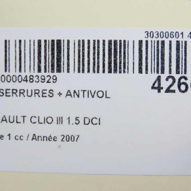 Kit serrures + antivol occasion RENAULT CLIO III Phase 1 09-2005->03-2009 1.5 DCI 70ch 7701208784 5