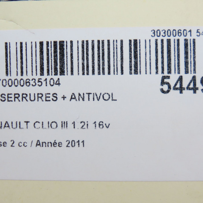 Kit serrures + antivol occasion RENAULT CLIO III Phase 2 03-2009->12-2014 1.2i 16v 75ch 7701208784 5