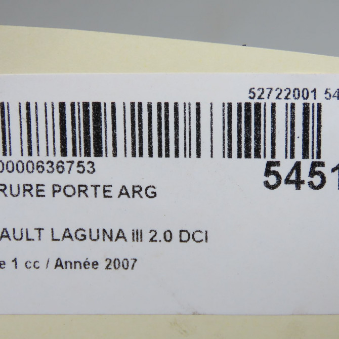 Serrure porte arg occasion RENAULT LAGUNA III Phase 1 10-2007->10-2010 2.0 DCI 150ch 825010003R 7