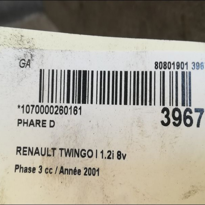 Phare droit occasion RENAULT TWINGO I Phase 3 08-2000->06-2007 1.2i 8v 60ch 7701049687 3