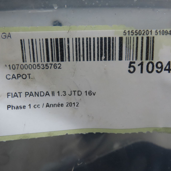 Capot occasion FIAT PANDA II Phase 1 09-2003->12-2012 1.3 JTD 16v 75ch 51876323 4