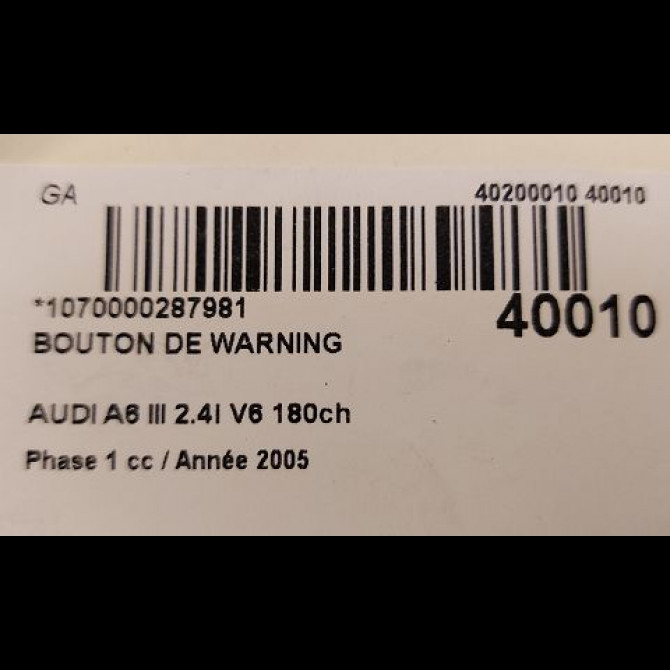 Bouton de warning occasion AUDI A6 III Phase 1 05-2004->10-2008 2.4i V6 180ch 4F0941509 3