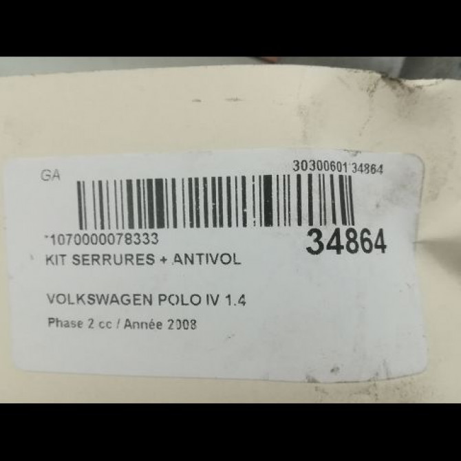 Kit serrures + antivol occasion VOLKSWAGEN POLO IV Phase 2 05-2005->09-2009 1.4 TDI 70ch 4