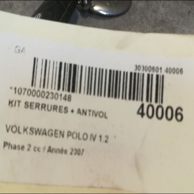 Kit serrures + antivol occasion VOLKSWAGEN POLO IV Phase 2 05-2005->09-2009 1.2 60ch 2