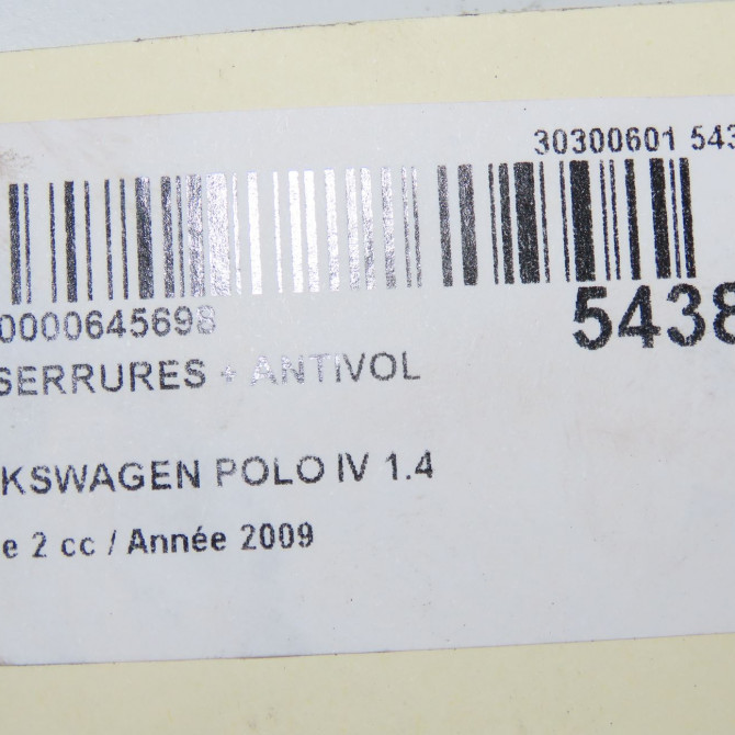 Kit serrures + antivol occasion VOLKSWAGEN POLO IV Phase 2 05-2005->09-2009 1.4 TDI 70ch 6