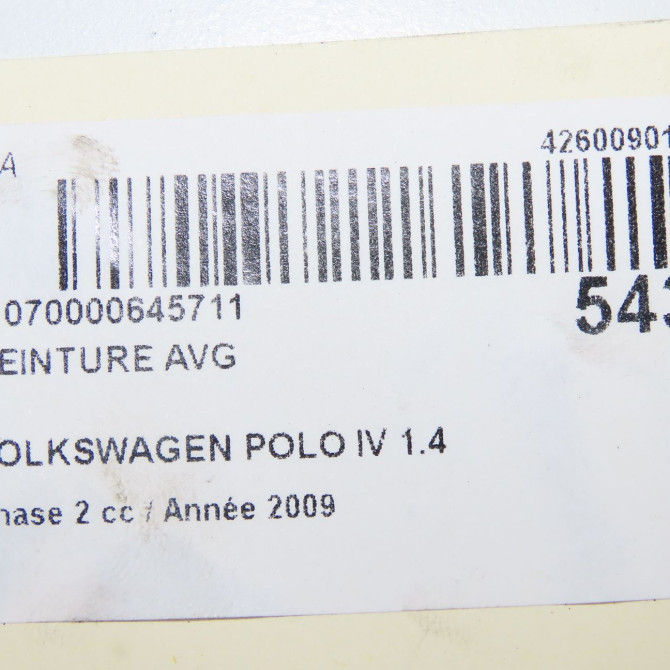 Ceinture avant gauche occasion VOLKSWAGEN POLO IV Phase 2 05-2005->09-2009 1.4 TDI 70ch 6Q3857705LRAA 7