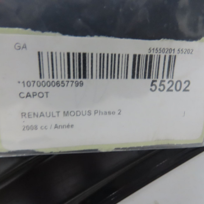 Capot occasion RENAULT MODUS Phase 2 01-2008->12-2012 1.6i 16v 110ch 651001535R 4