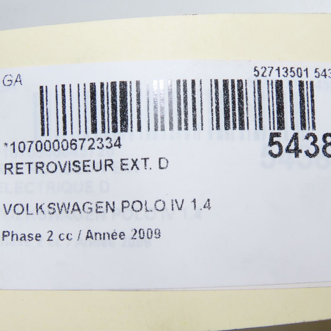 Retroviseur exterieur manuel droit occasion VOLKSWAGEN POLO IV Phase 2 05-2005->09-2009 1.4 TDI 70ch 6Q1857508AD9B9 8