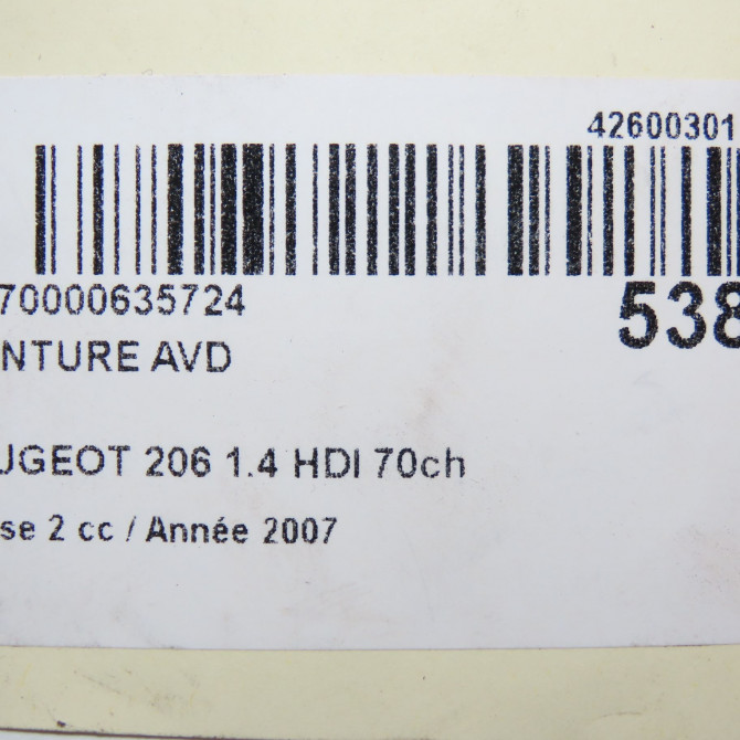 Ceinture avant droite occasion PEUGEOT 206 Phase 2 02-2003->02-2009 1.4 HDI 70ch 8974GV 7