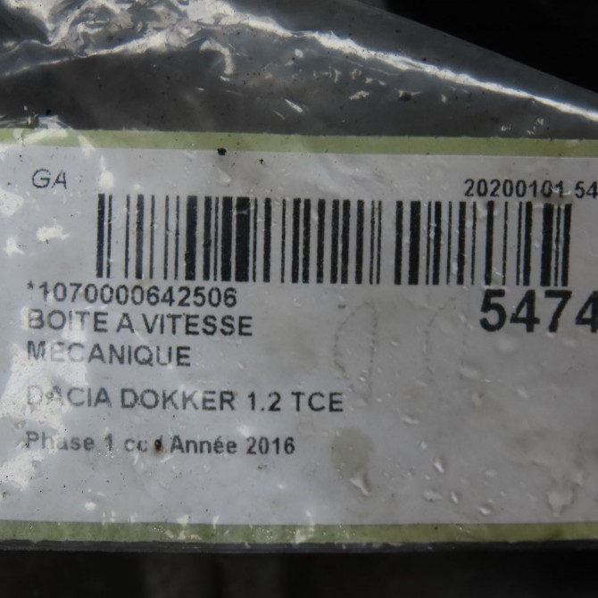 Boîte à vitesse mecanique occasion DACIA DOKKER Phase 1 09-2012->... 1.2 TCE 115ch 320106908R 7