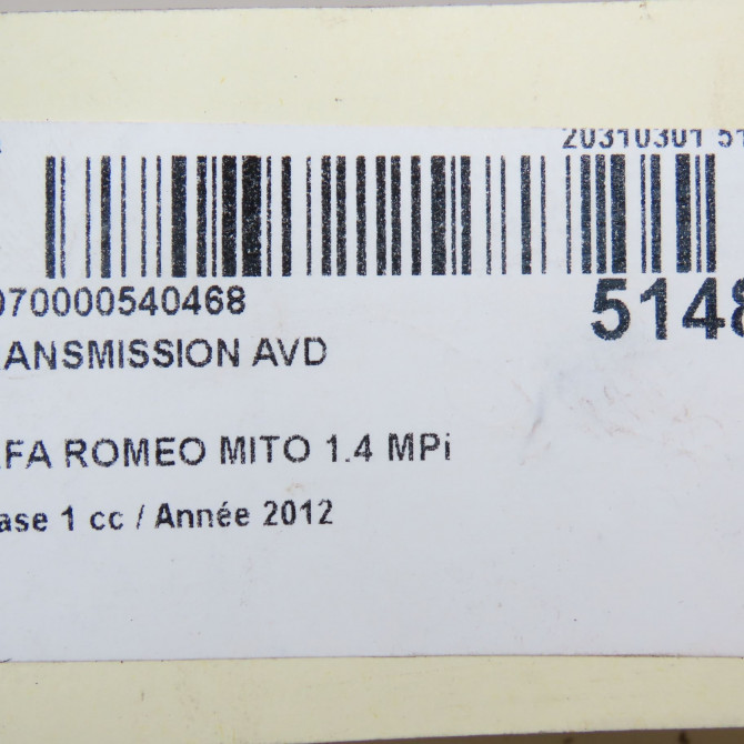 Transmission avant droite occasion ALFA ROMEO MI.TO MI.TO Phase 1 2008-09-01->2016-12-31 1.4 MPi 105ch 51934090 7