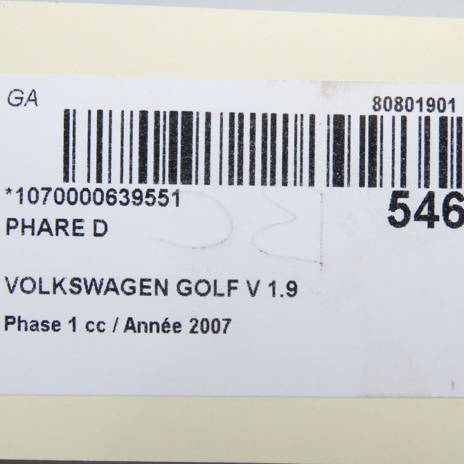 Phare droit occasion VOLKSWAGEN GOLF V Phase 1 11-2003->10-2008 1.9 TDI 105ch 1K6941030P 6