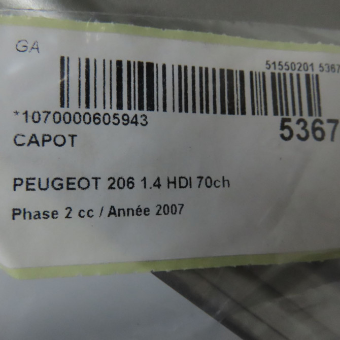 Capot occasion PEUGEOT 206 Phase 2 02-2003->02-2009 1.4 HDI 70ch 7901K1 6