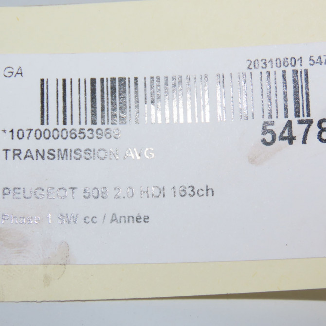 Transmission avant gauche occasion PEUGEOT 508 Phase 1 04-1995->04-1999 2.0 HDI 163ch 3272YK 6