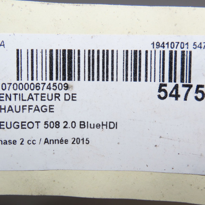 Ventilateur de chauffage occasion PEUGEOT 508 phase 2 06-2014->... 2.0 BlueHDI 180ch 6441EW 7