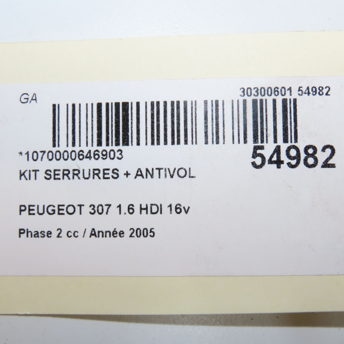 Kit serrures + antivol occasion PEUGEOT 307 Phase 2 06-2005->03-2008 1.6 HDI 16v 90ch 4162KG 5
