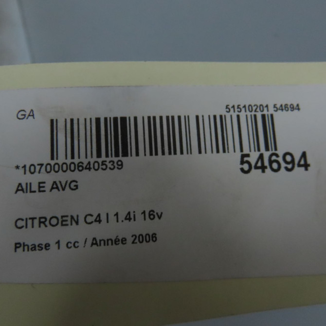 Aile avant gauche occasion CITROEN C4 I Phase 1 11-2004->07-2008 1.4i 16v 7840Q3 5
