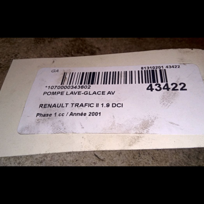 Pompe lave-glace avant occasion RENAULT TRAFIC II Phase 1 10-2001->08-2006 1.9 DCI 100ch 7700428390 2