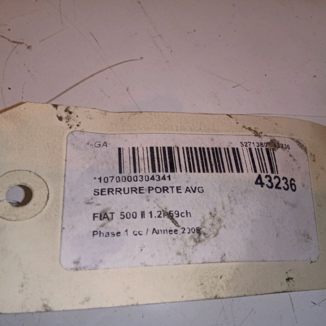 Serrure porte avg occasion FIAT 500 II 500 II Phase 1 2007-07-01->2016-03-31 1.2i 69ch 52191863 3